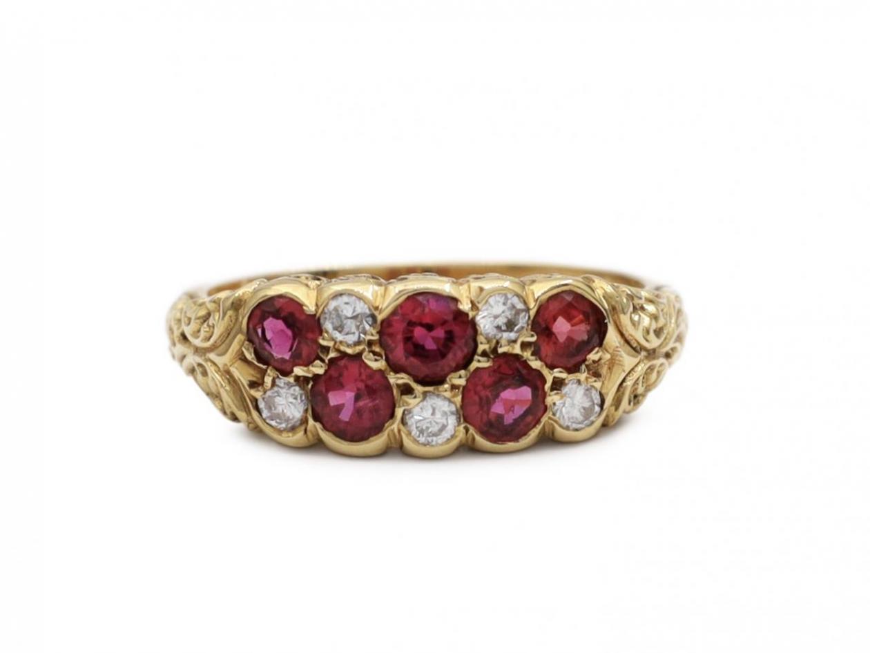 1977 ruby and diamond checkerboard carved ring in 18kt yellow gold
