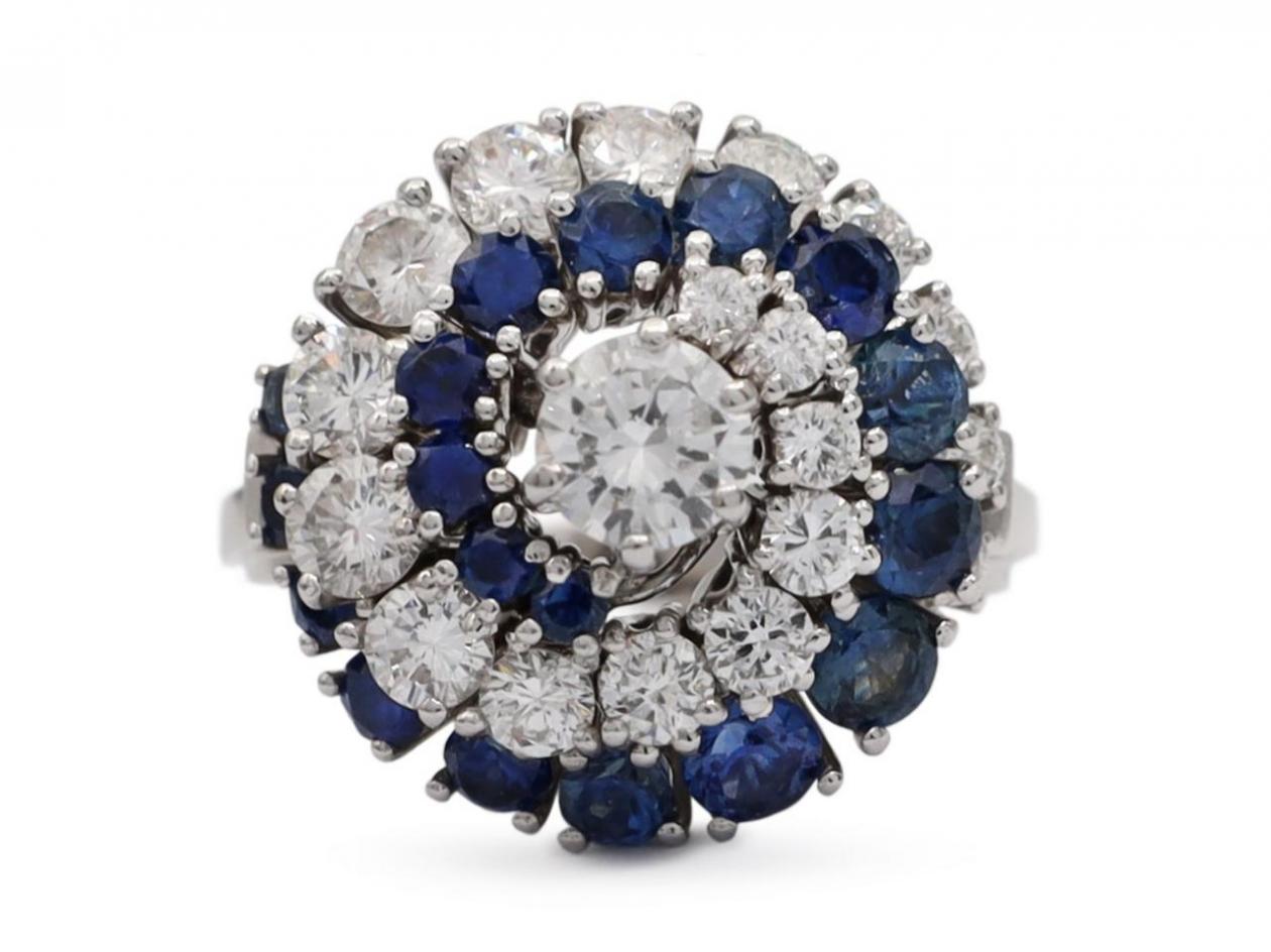 1960s diamond and sapphire screw cluster ring in 18kt white gold
