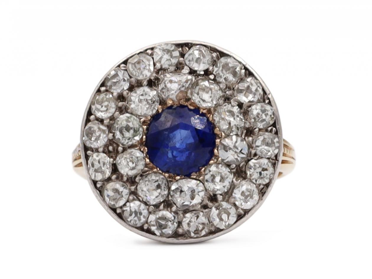Edwardian sapphire and diamond double row circular cluster ring