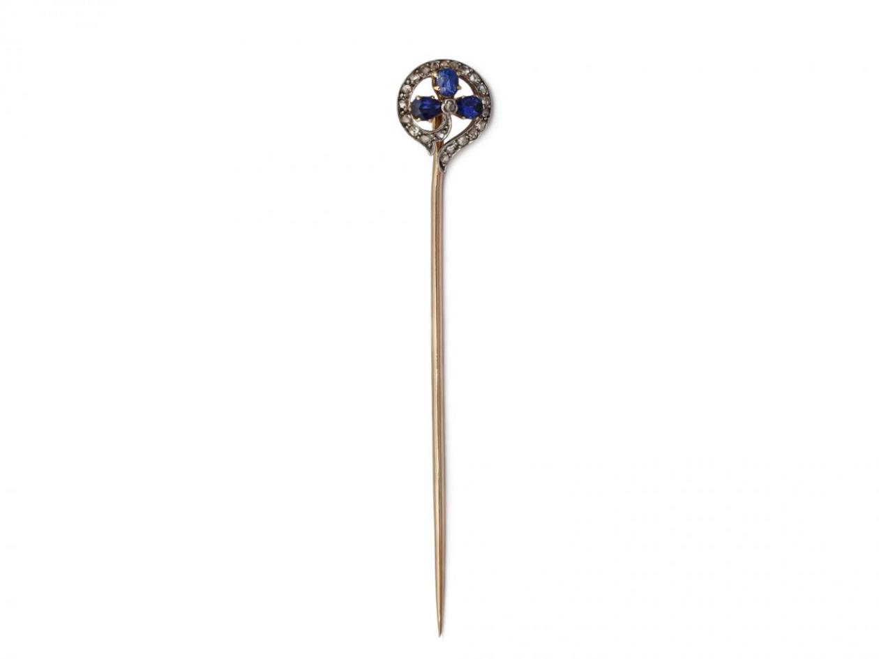 Victorian sapphire and diamond shamrock stickpin in silver on gold