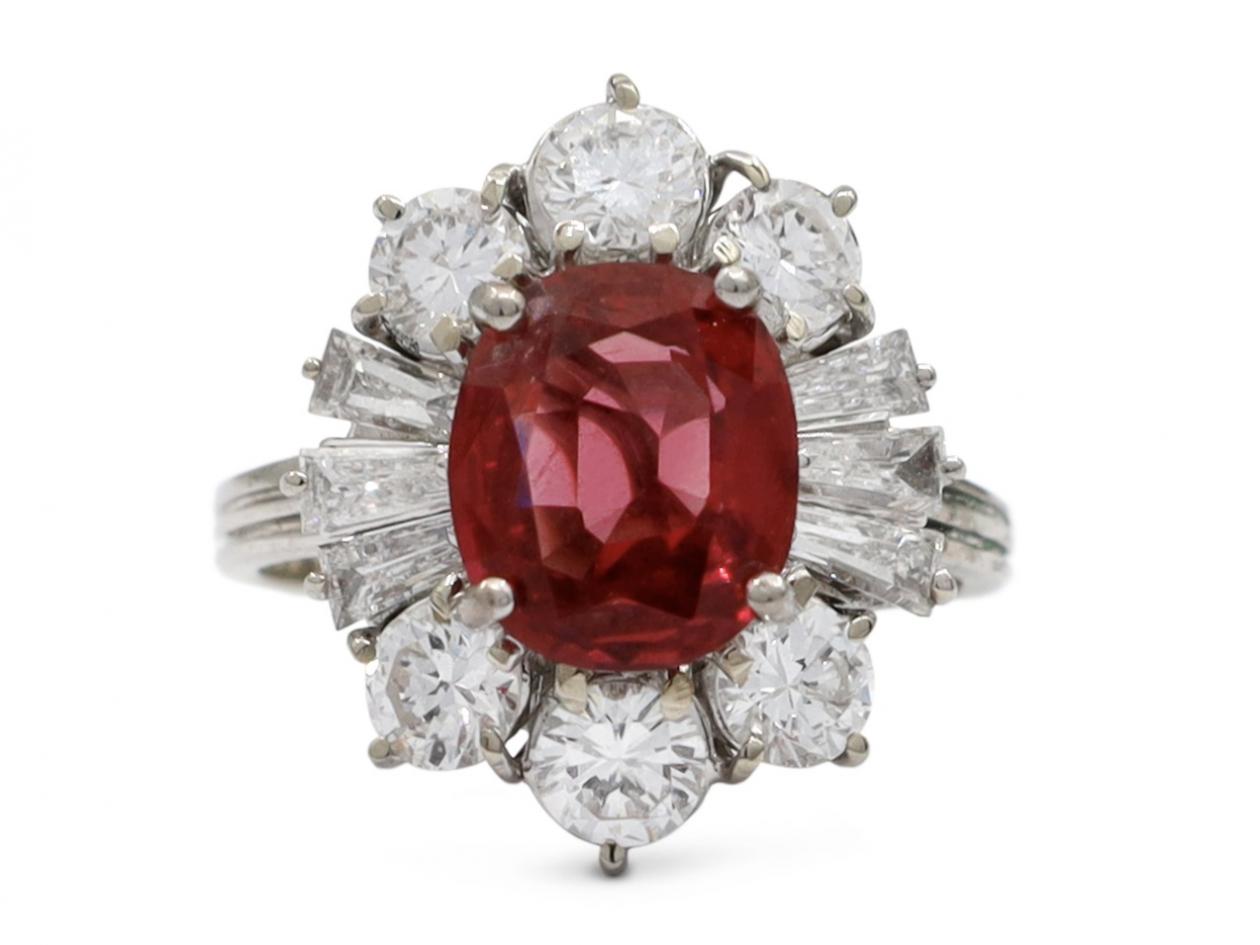Vintage ruby and diamond fancy cluster ring in 18kt white gold