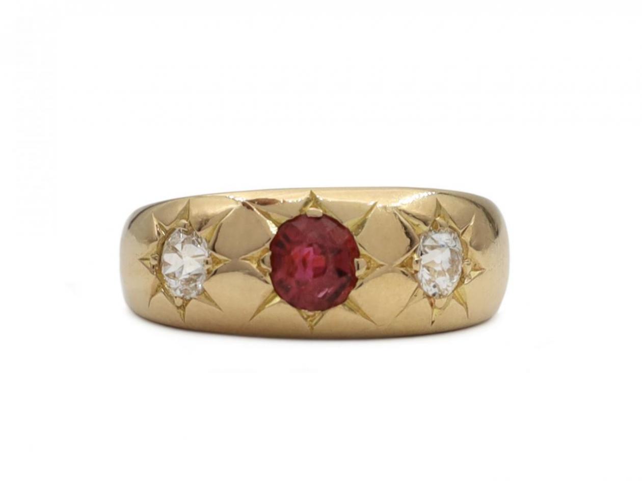 Antique ruby & diamond three stone gypsy ring in 18kt yellow gold