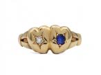 1899 double heart diamond and sapphire ring in 18kt yellow gold