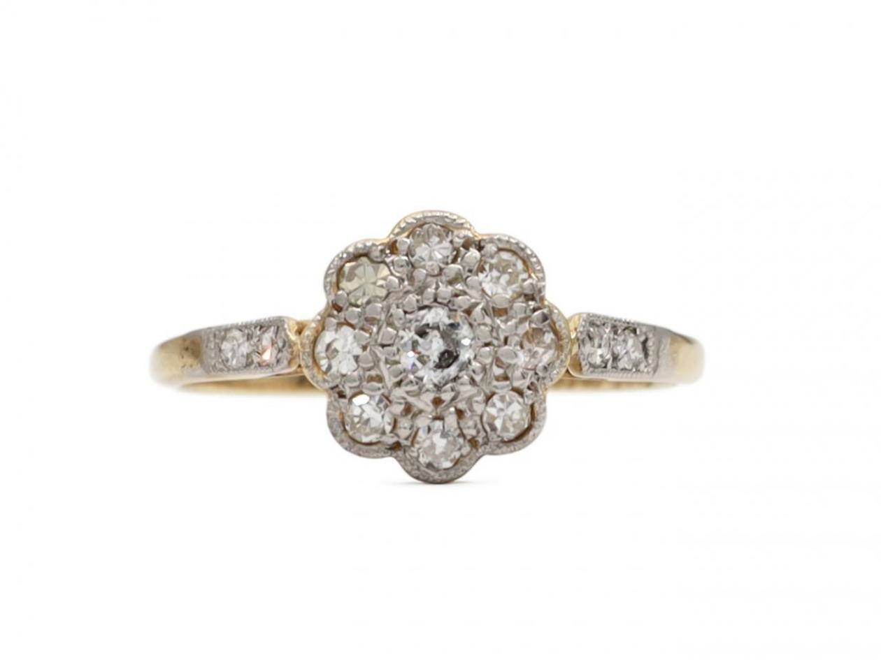 Edwardian diamond daisy cluster ring in platinum on 18kt yellow gold