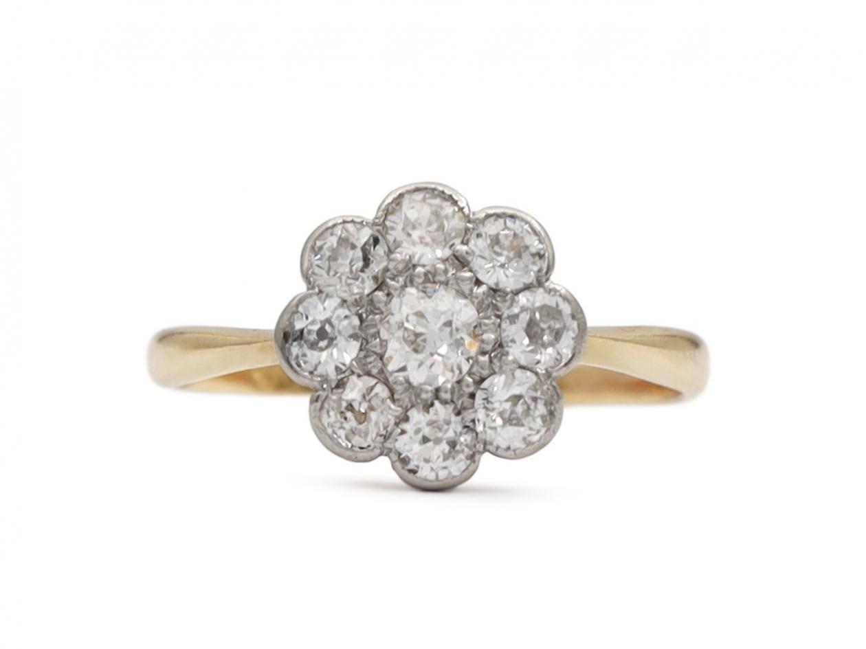 Antique diamond floral cluster ring in platinum and 18kt yellow gold