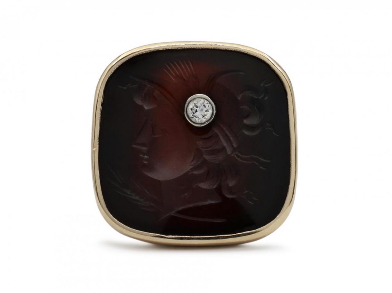 Vintage diamond set onyx intaglio ring in 14kt yellow gold