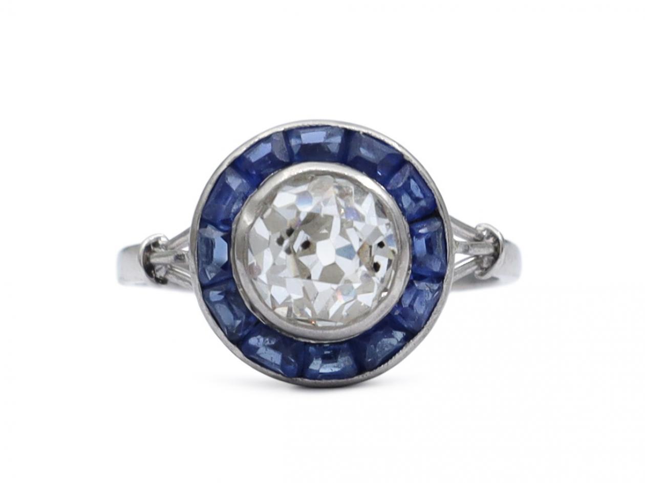 French Art Deco diamond and sapphire target engagement ring in platinum