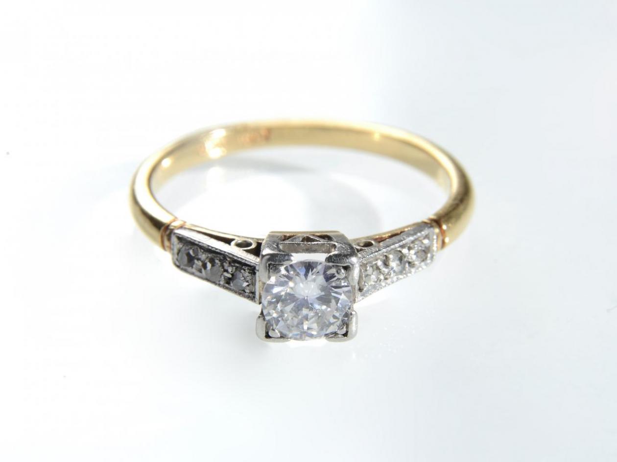 Art Deco Diamond Flanked Solitaire in Platinum & 18kt Yellow Gold