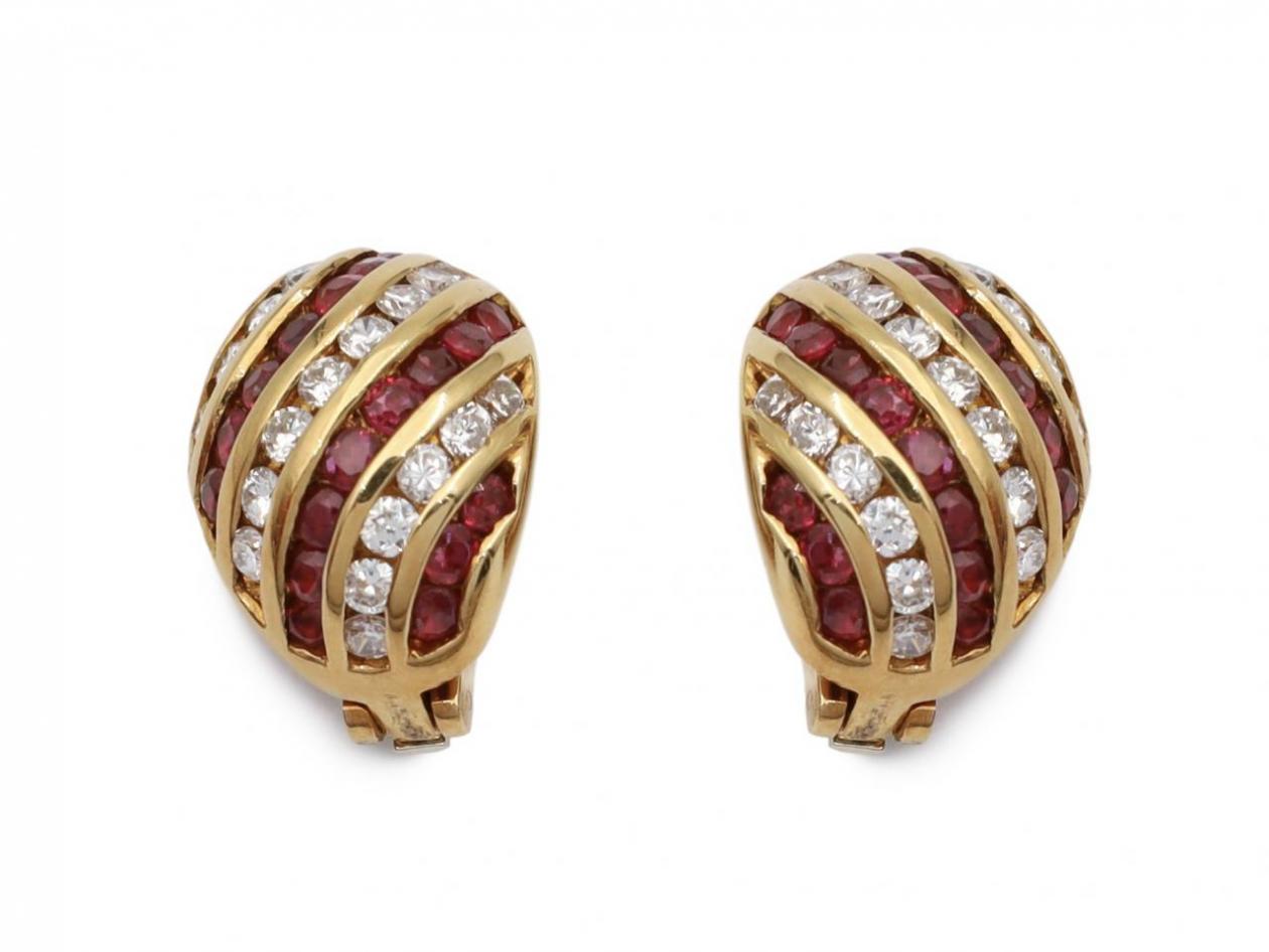 Vintage 18kt gold, ruby and diamond domed clip on earrings