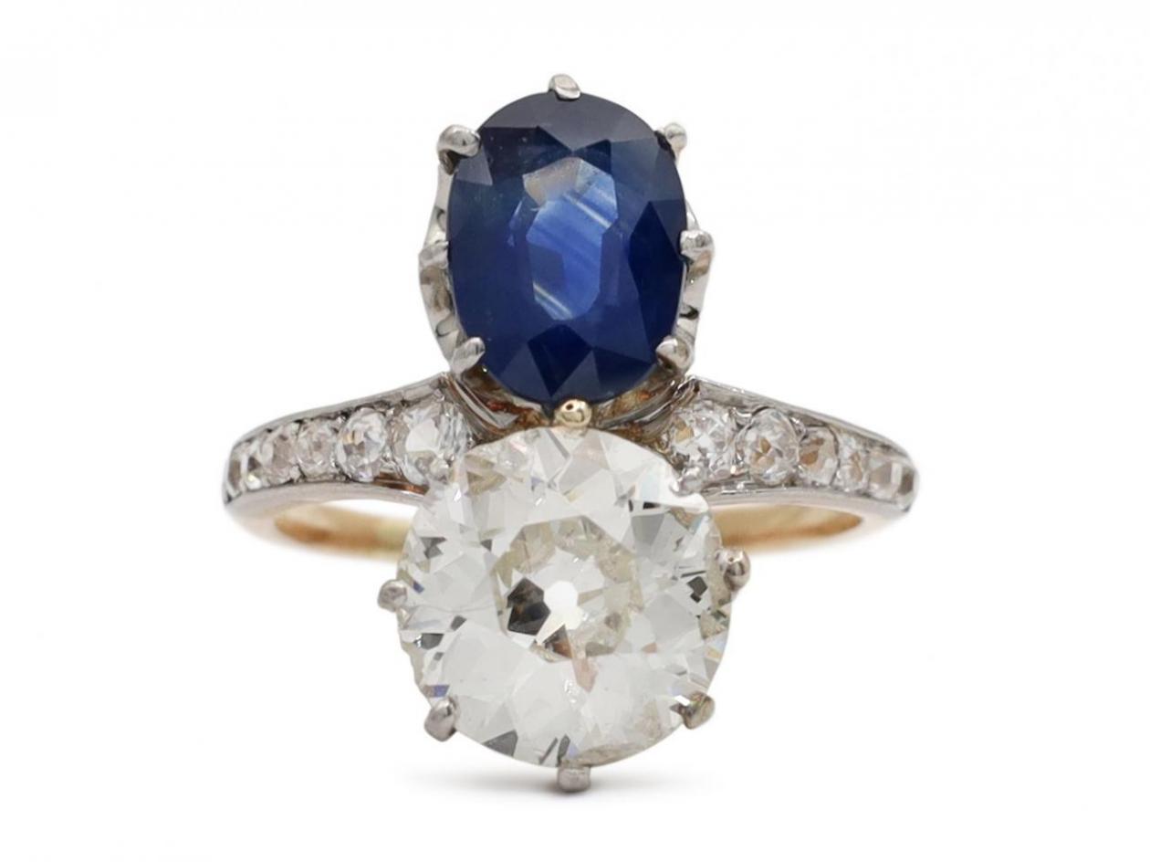 Antique Belle Époque sapphire and diamond 'toi et moi' two stone ring