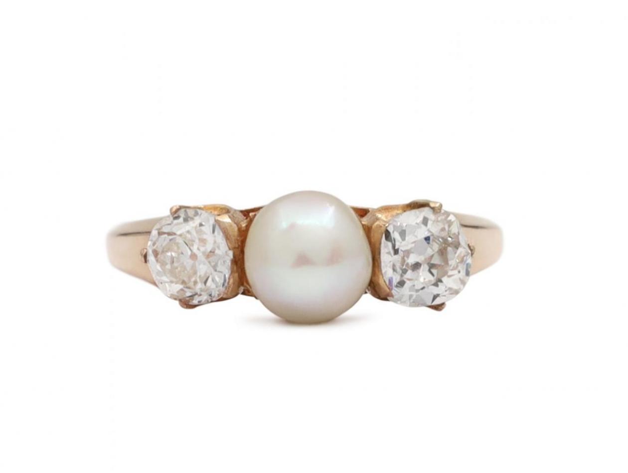 Victorian pearl and diamond three stone ring in 18kt gold