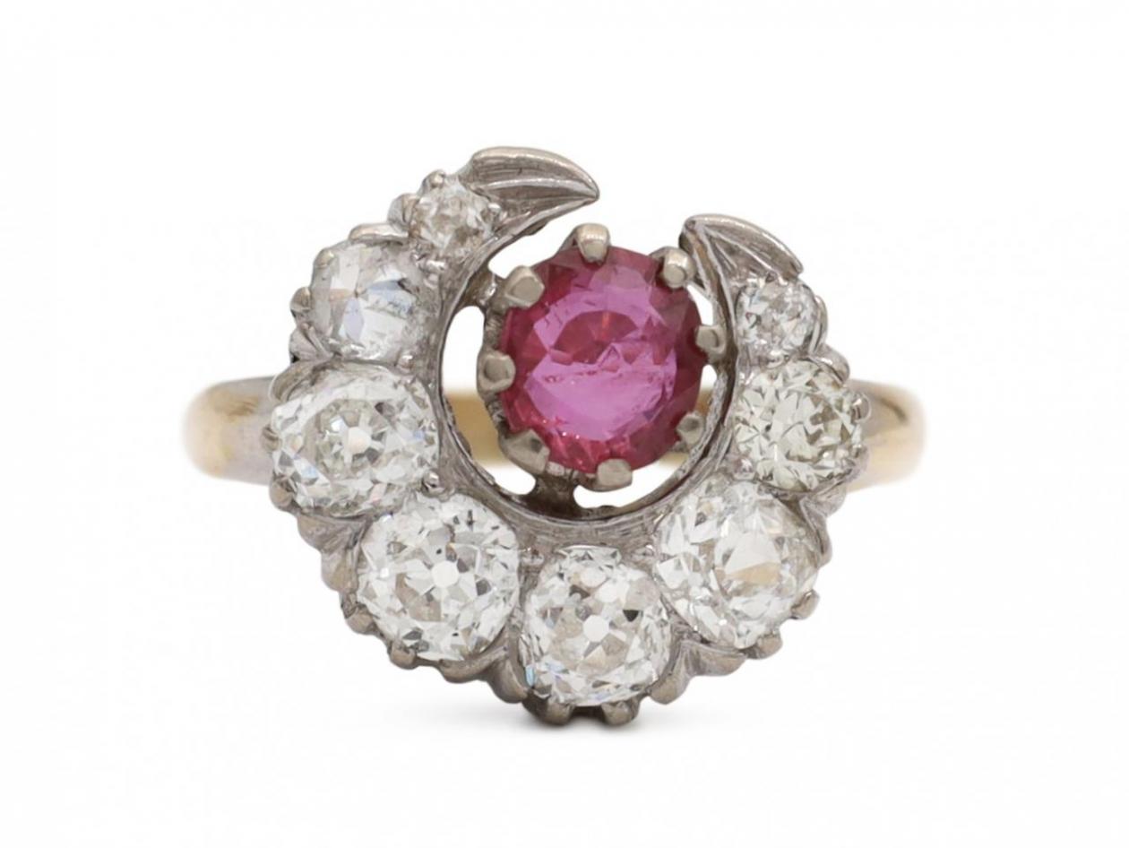 Antique ruby and diamond crescent moon ring