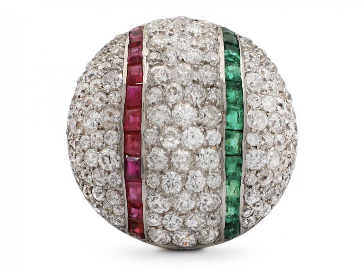 Art Deco large diamond, ruby and emerald circular domed cluster ring