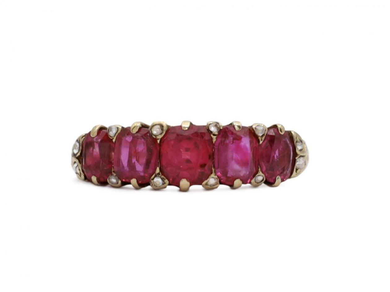 Victorian five stone ruby carved ring in gold