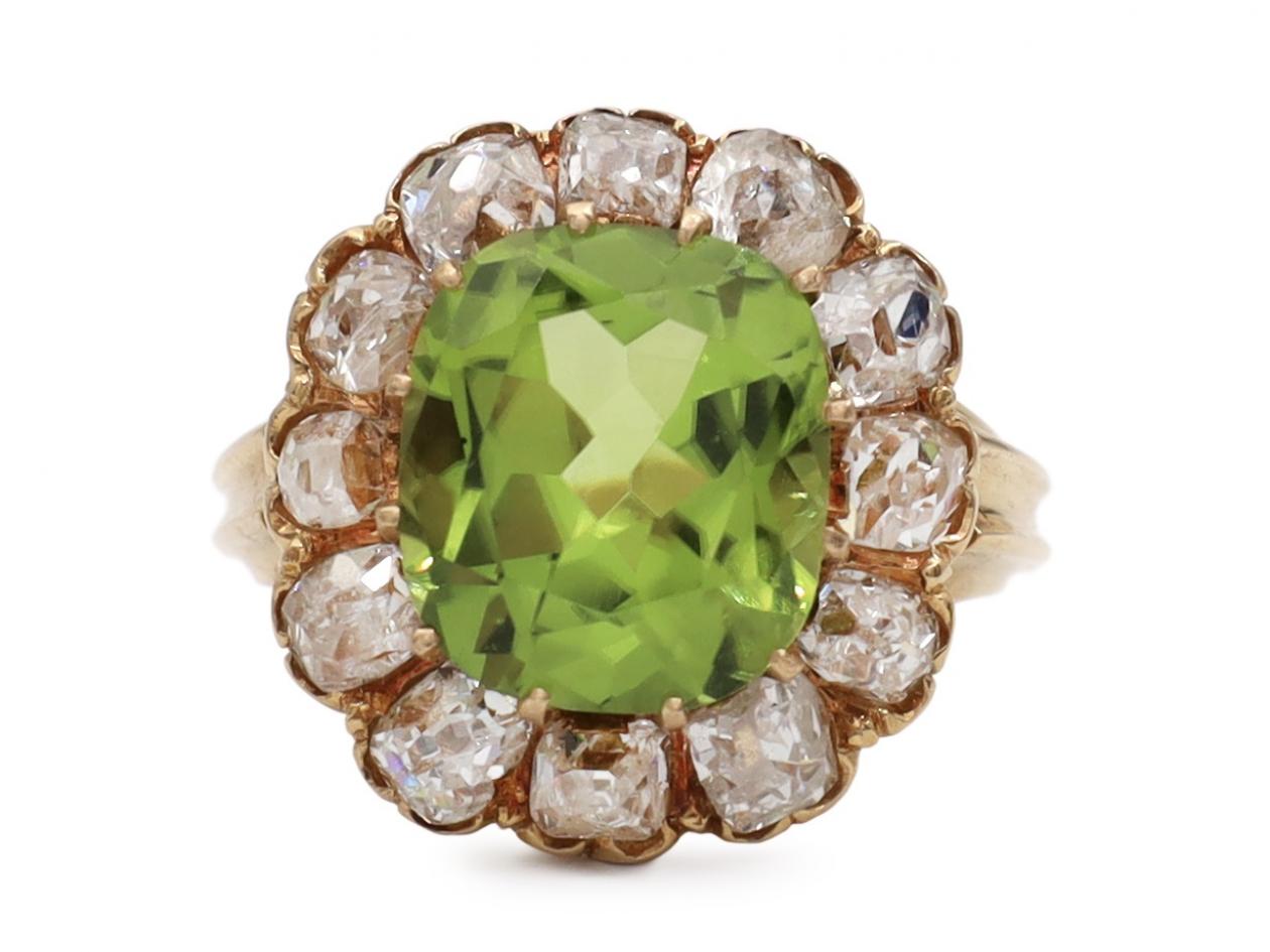 Victorian peridot and diamond coronet cluster ring in gold