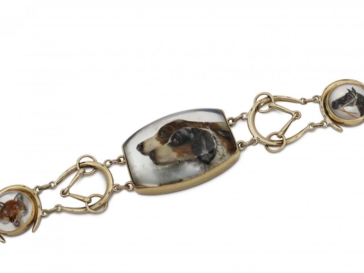 Victorian dog, fox and horse Essex crystal bracelet in 18kt gold