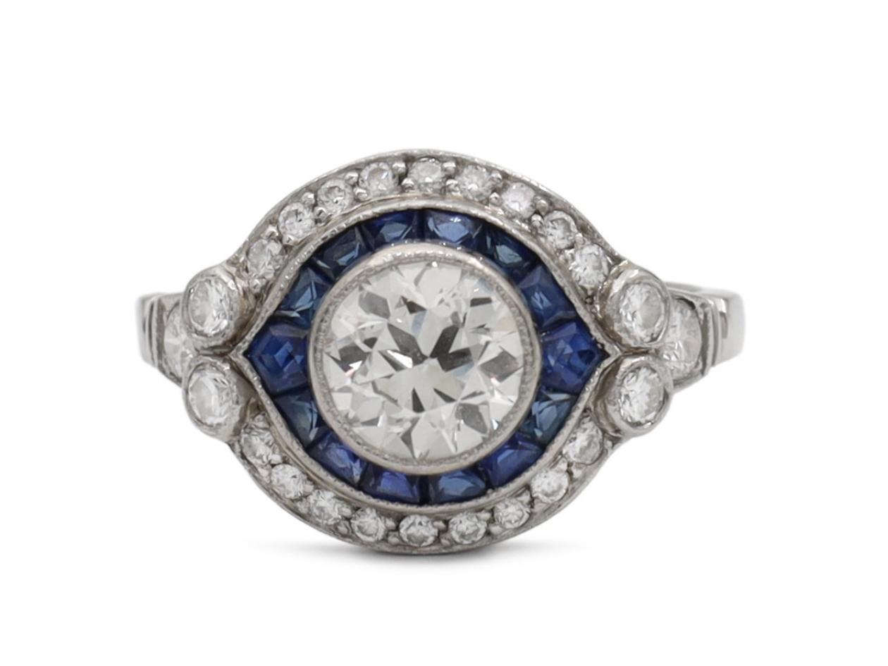 Art Deco style double row diamond and sapphire target ring