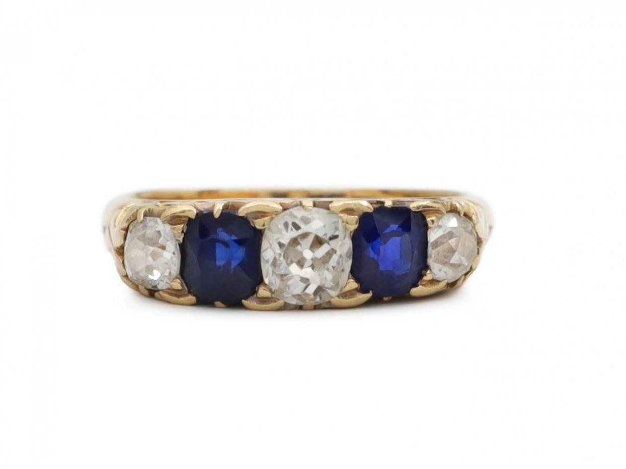 Antique Victorian diamond and sapphire five stone carved ring