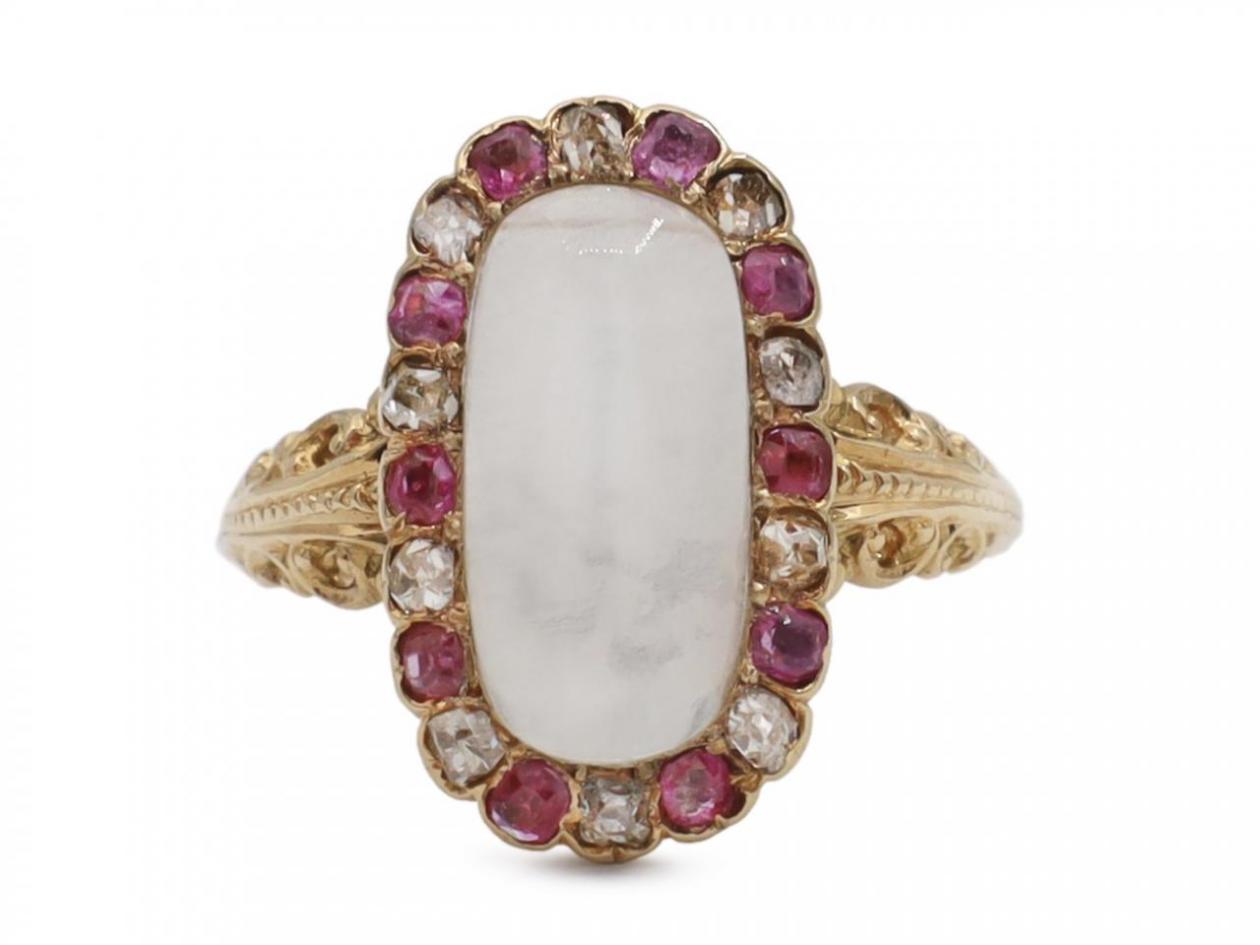 Belle Epoque moonstone, ruby and diamond oval cluster ring