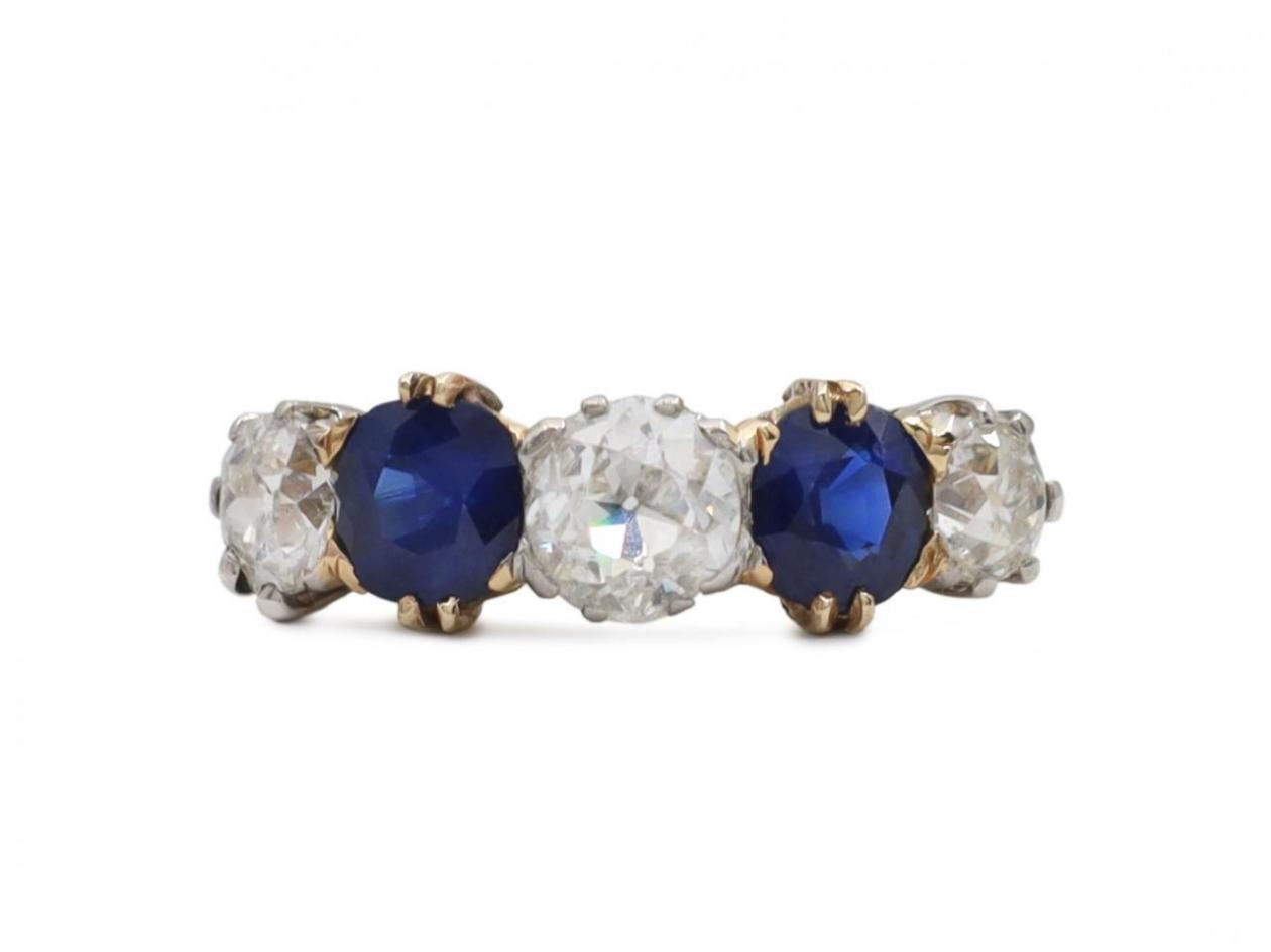 Edwardian diamond and sapphire five stone ring in platinum and gold