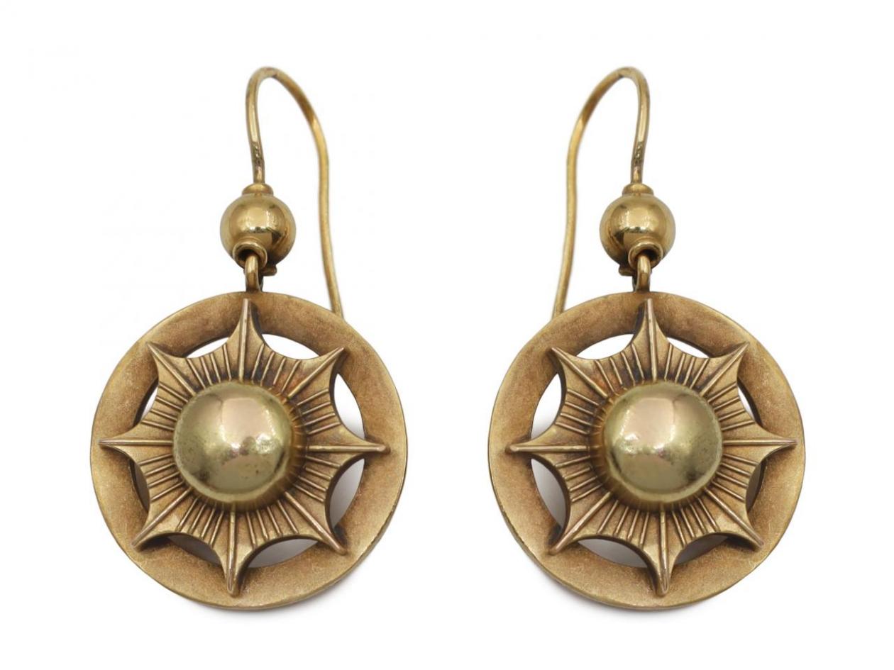 Victorian hollow sun burst pendant earrings in 15kt yellow gold