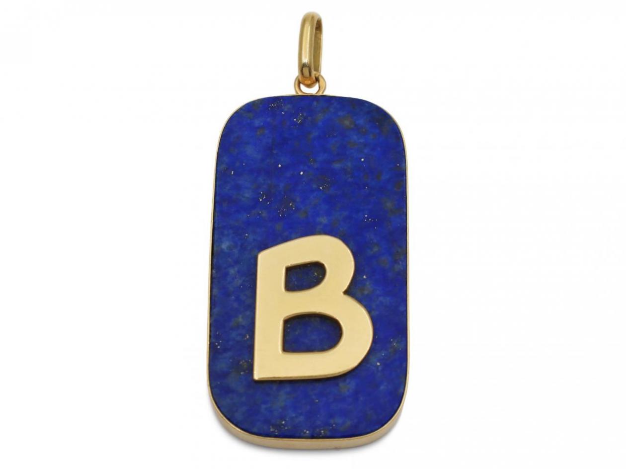 French vintage lapis lazuli tablet initial 'B' pendant in gold