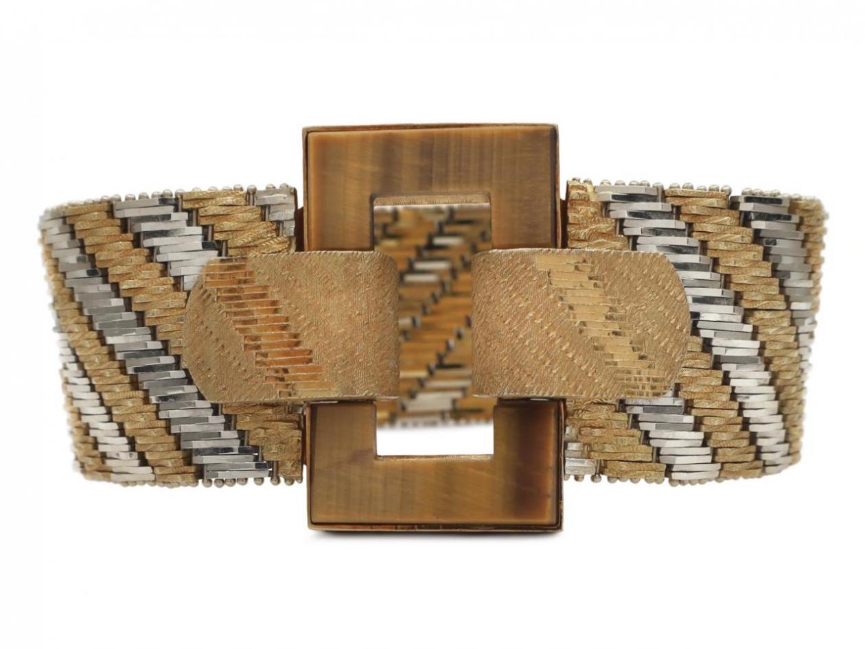 1970s tiger's eye herringbone buckle bracelet in two tone gold