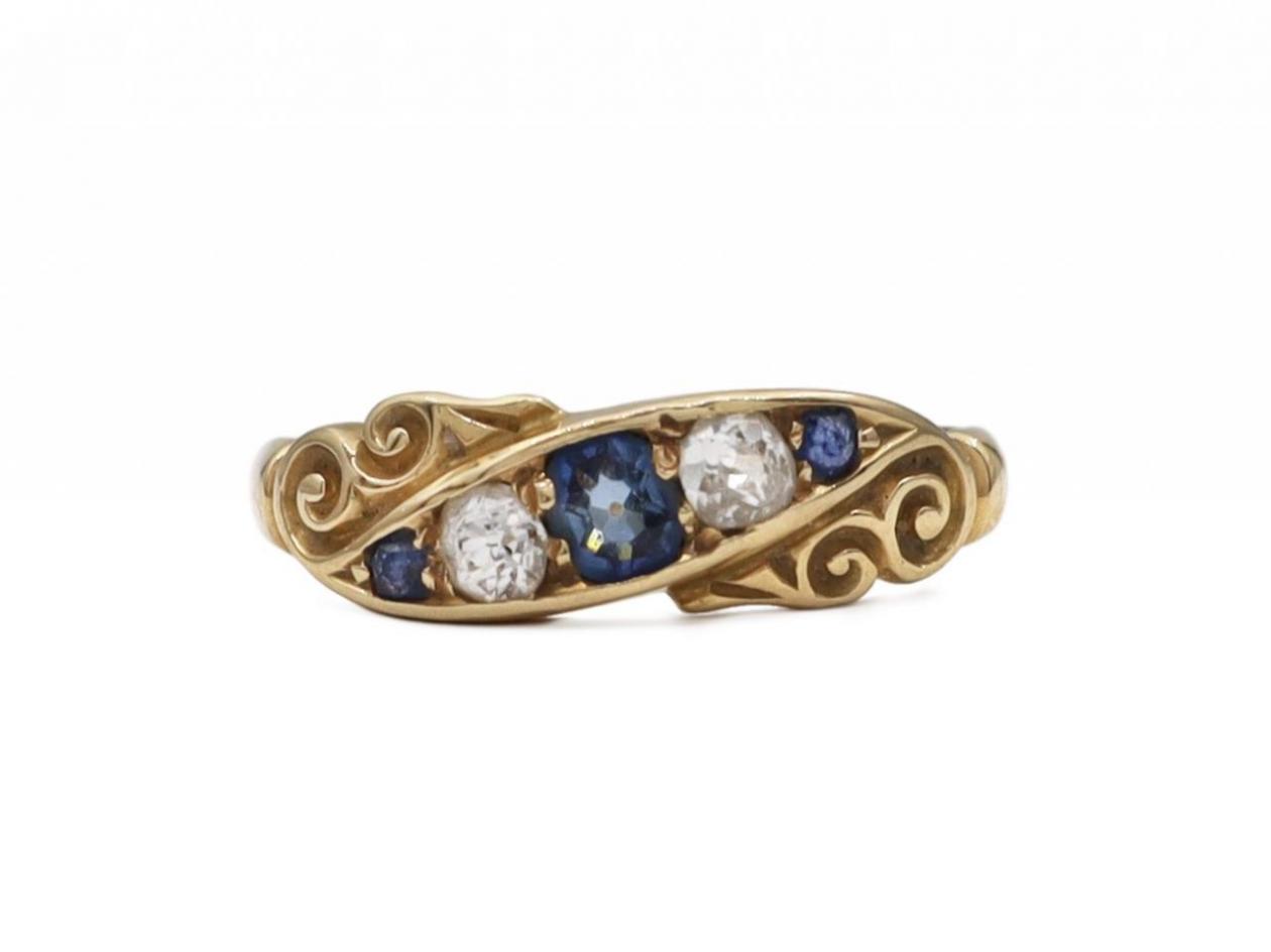1897 sapphire and diamond five stone banner ring in gold