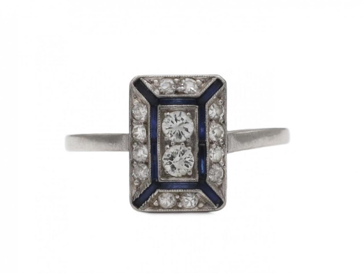 French Art Deco diamond and sapphire rectangular cluster ring