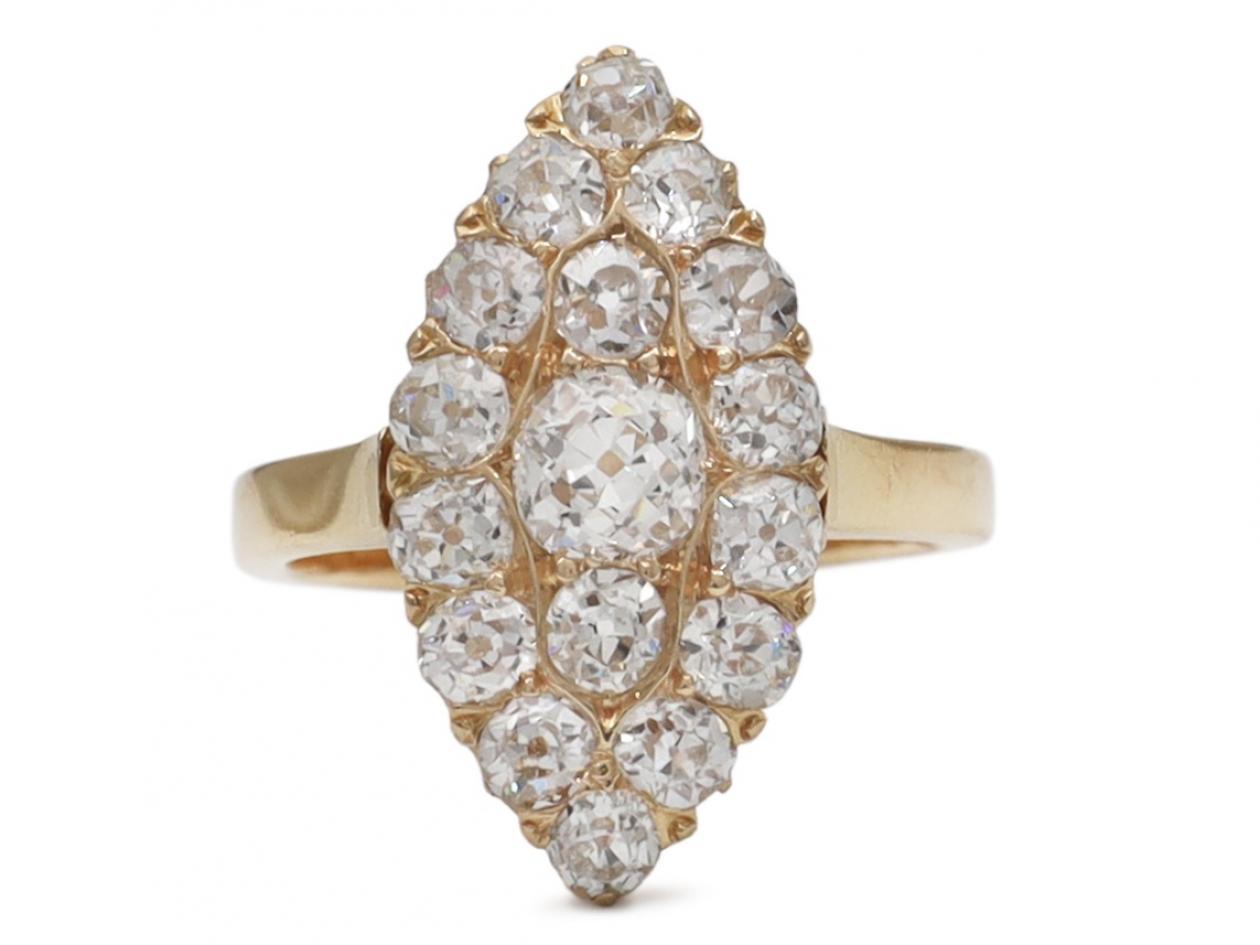 Victorian marquise shape diamond cluster ring in gold