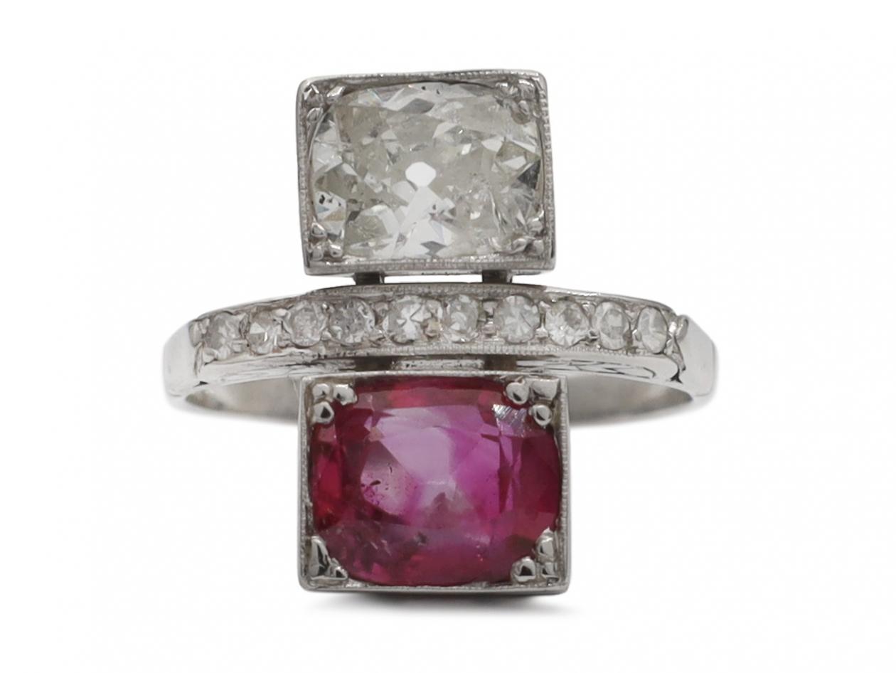 Art Deco 'toi et moi' diamond and ruby two stone ring