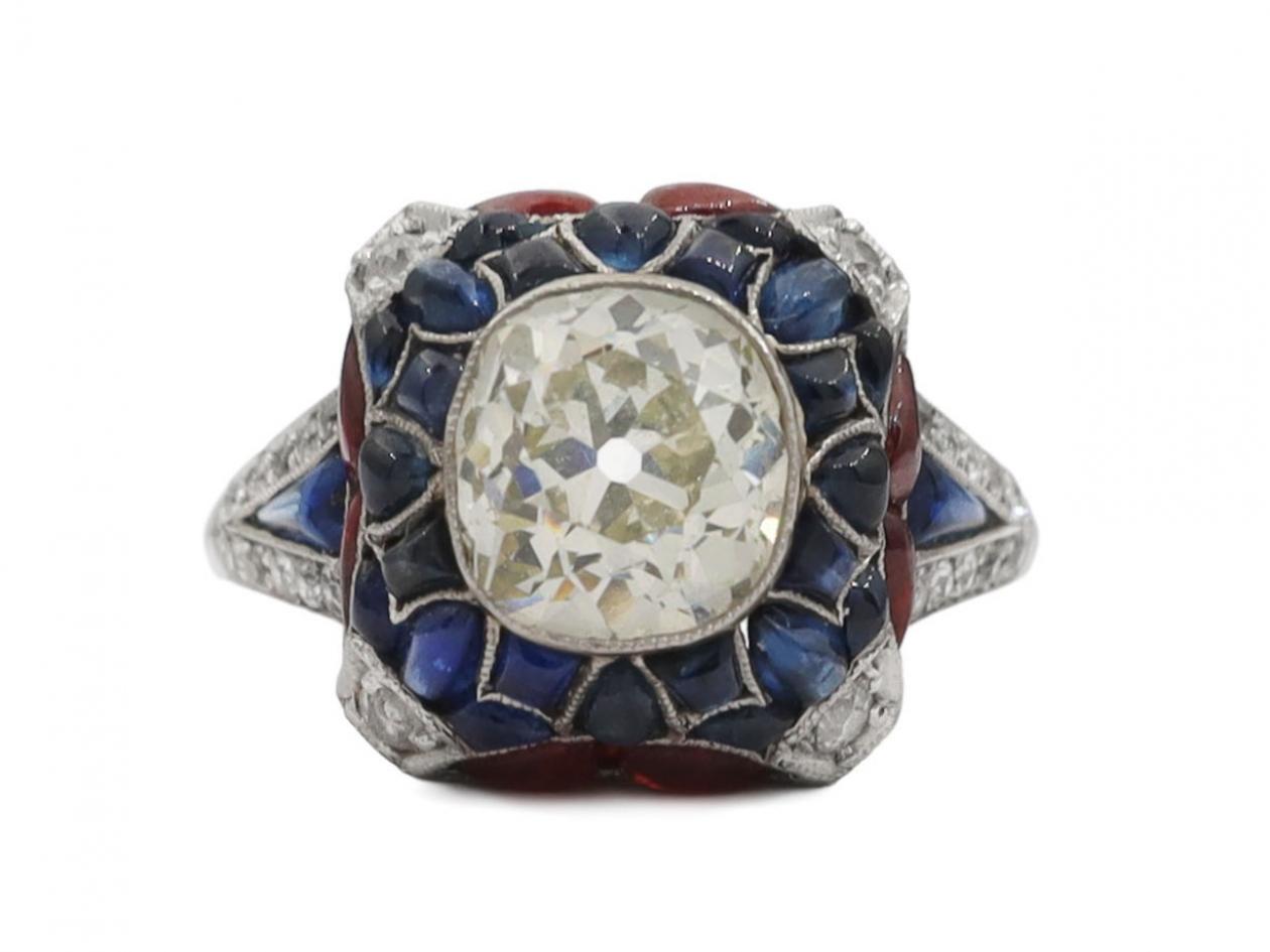 Art Deco style diamond sapphire and ruby cluster ring in platinum