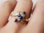 Edwardian sapphire and diamond diagonal navette cluster ring