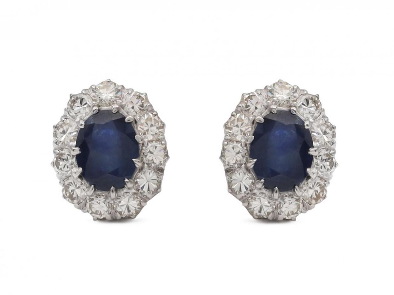 Vintage sapphire and diamond oval coronet cluster earrings