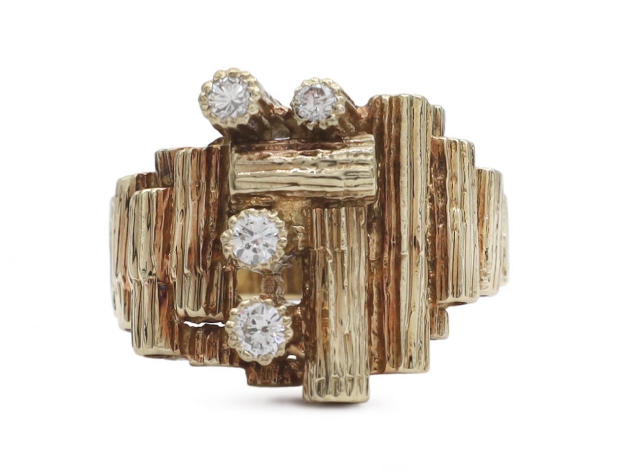 Brutalist 1970s textured gold and diamond ring