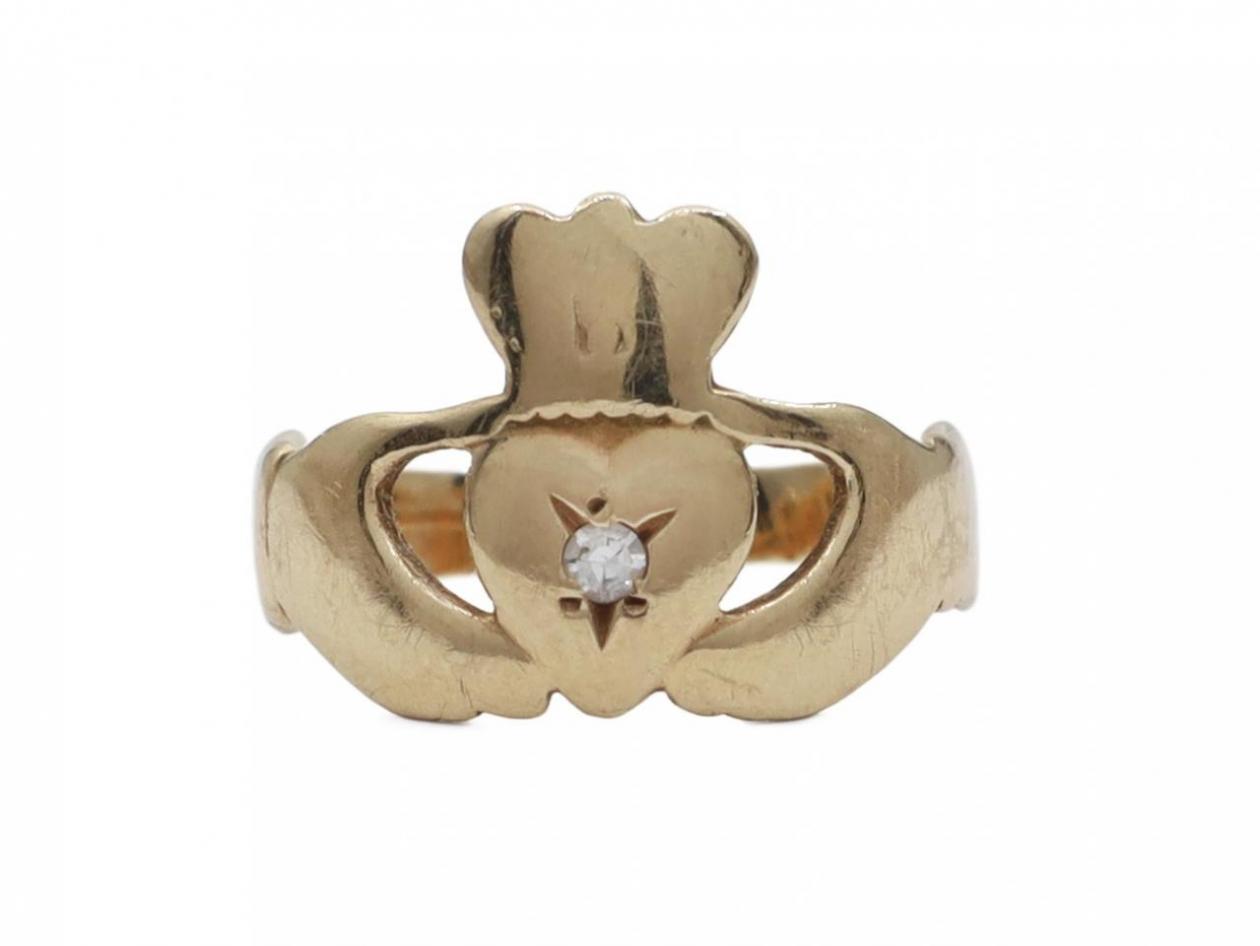 Vintage diamond set Claddagh ring in 9kt gold