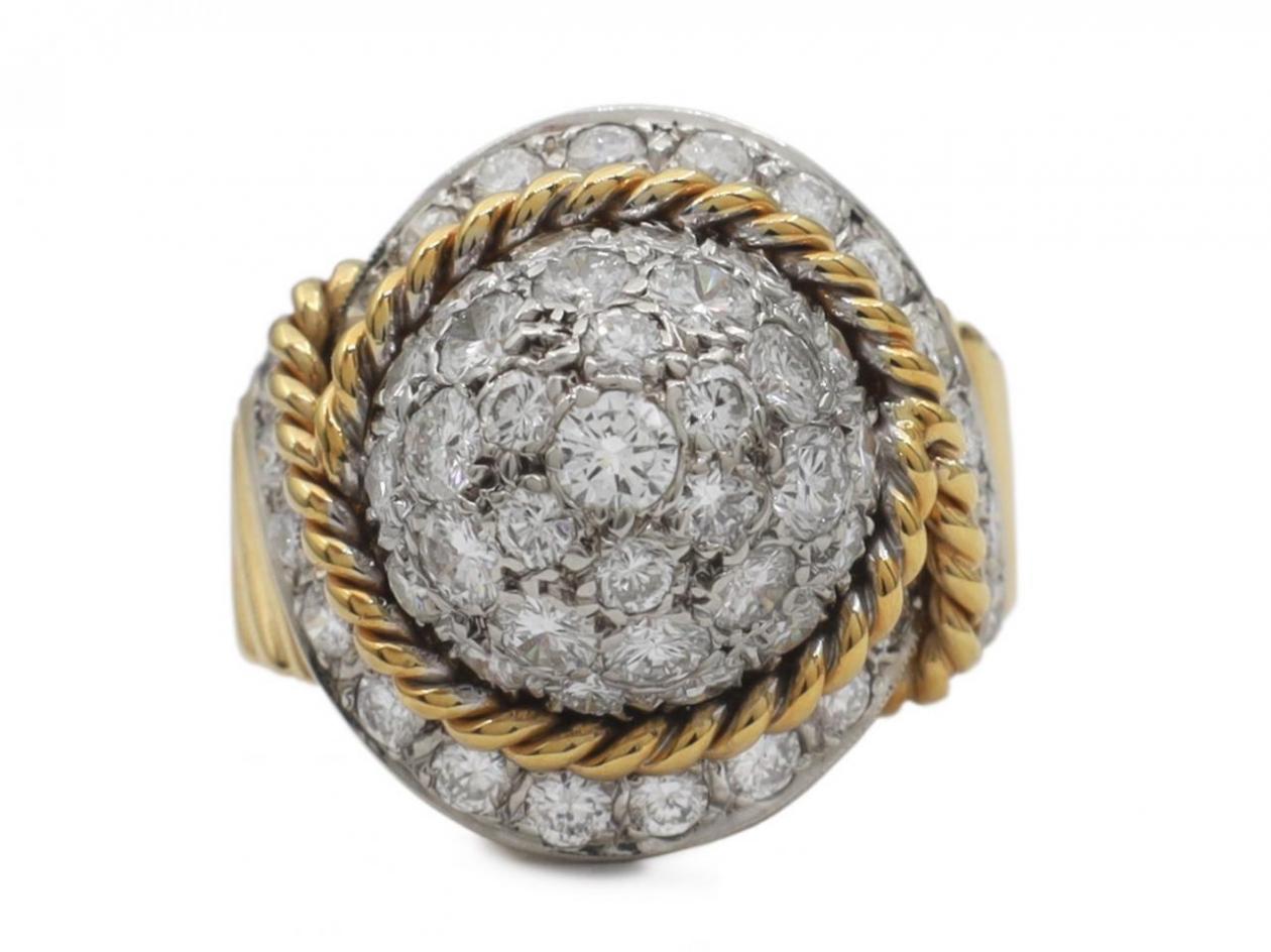 Retro diamond bombe ring with rope twist border in 18kt gold