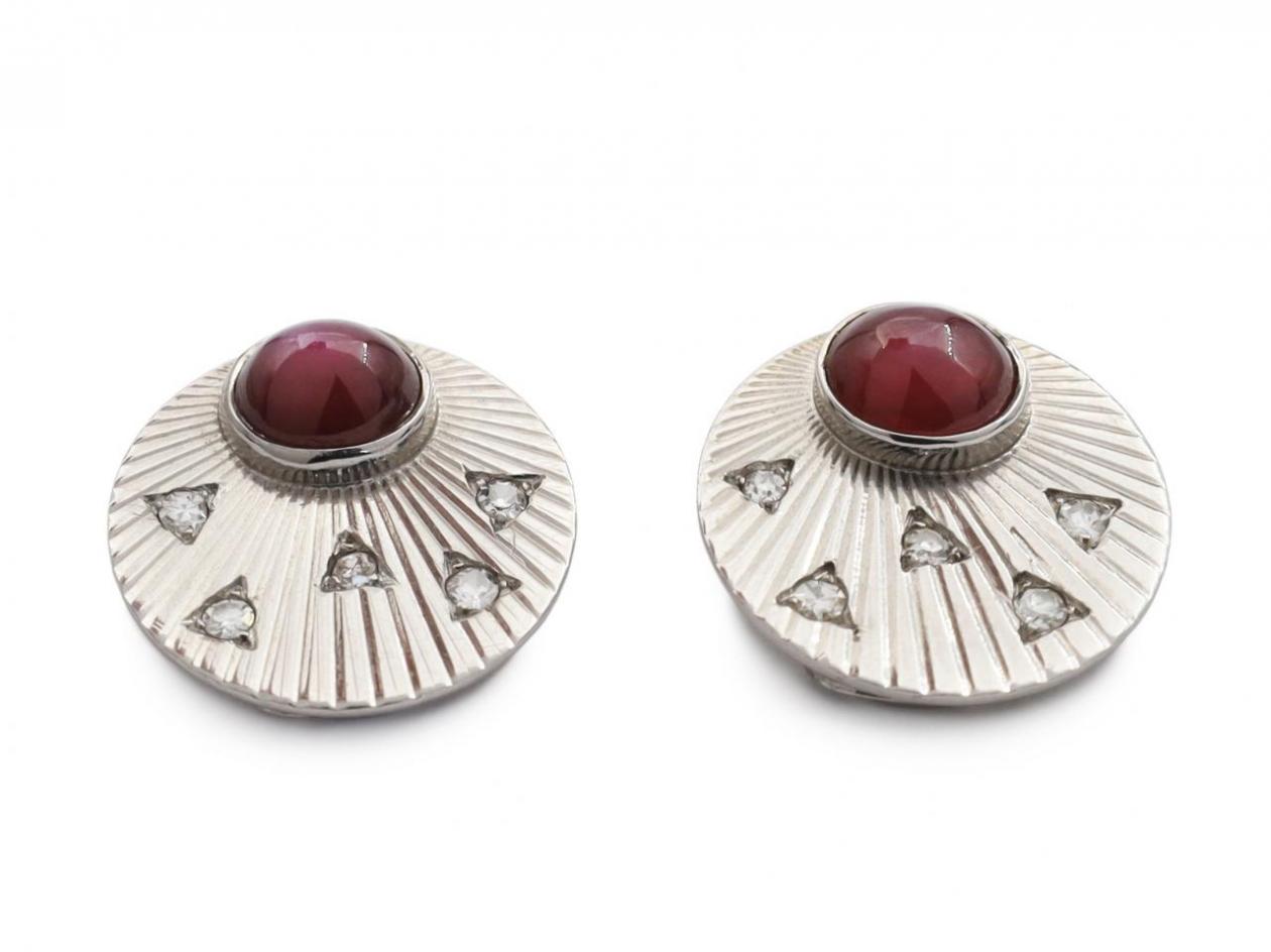 Vintage synthetic star ruby and diamond disk clip-on earrings