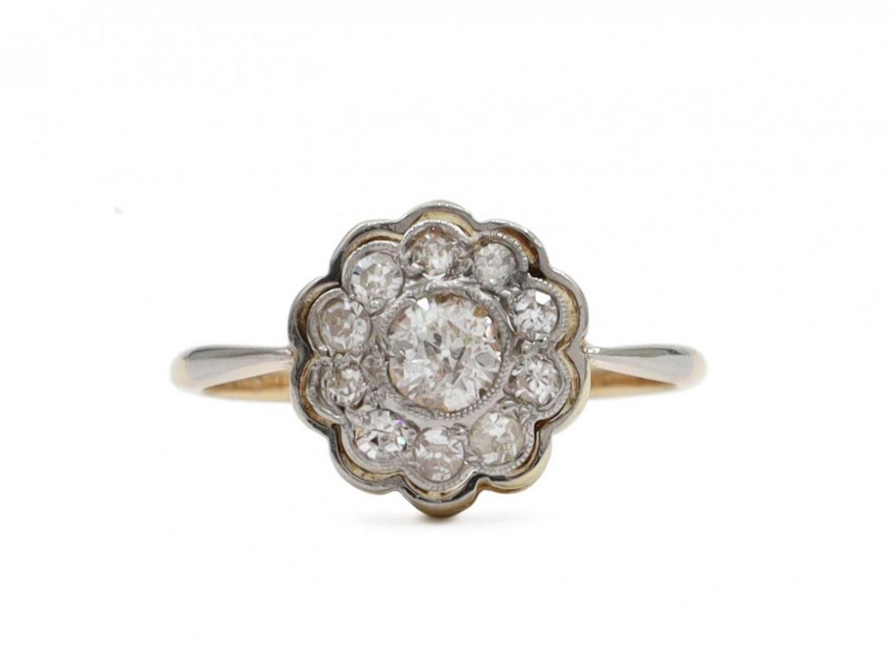 Edwardian diamond floral cluster ring in platinum and gold