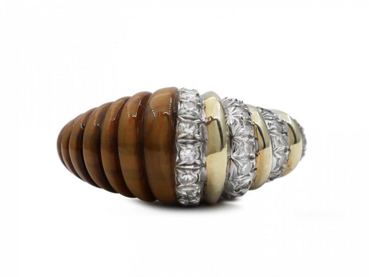 1970s vertical ribbed bombe tiger's eye and diamond ring in gold