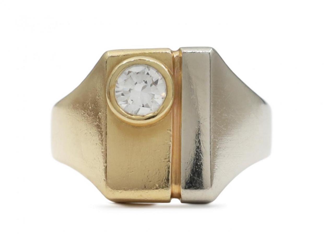 Vintage 18kt yellow and white gold diamond set rectangular signet ring