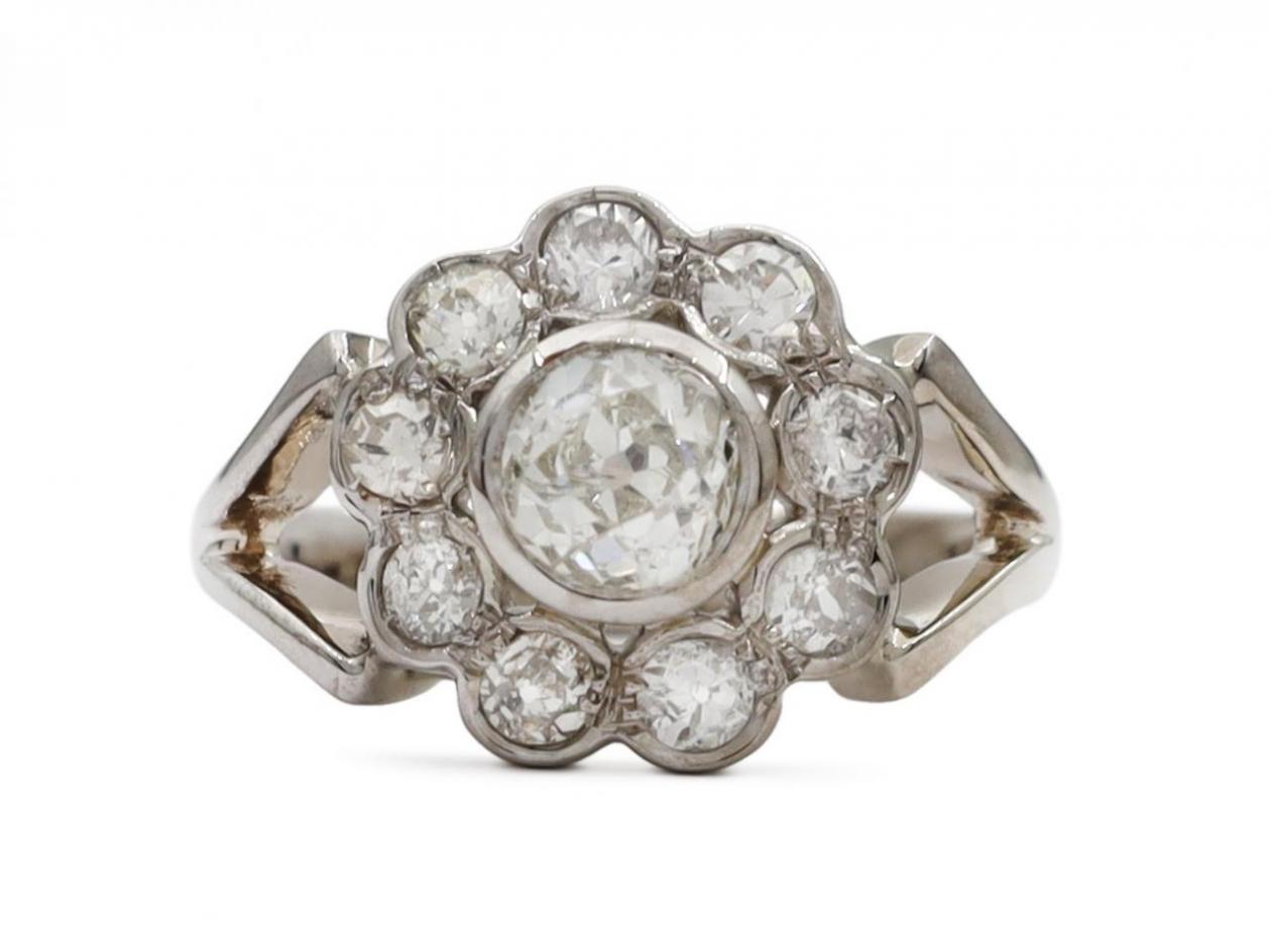 1950s diamond flower cluster ring in 18kt white gold