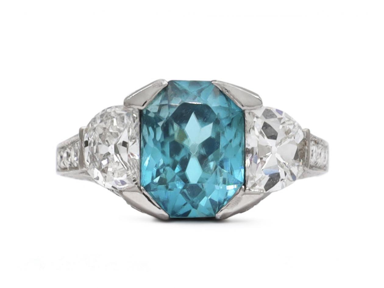 Art Deco style blue Zircon and diamond three stone ring