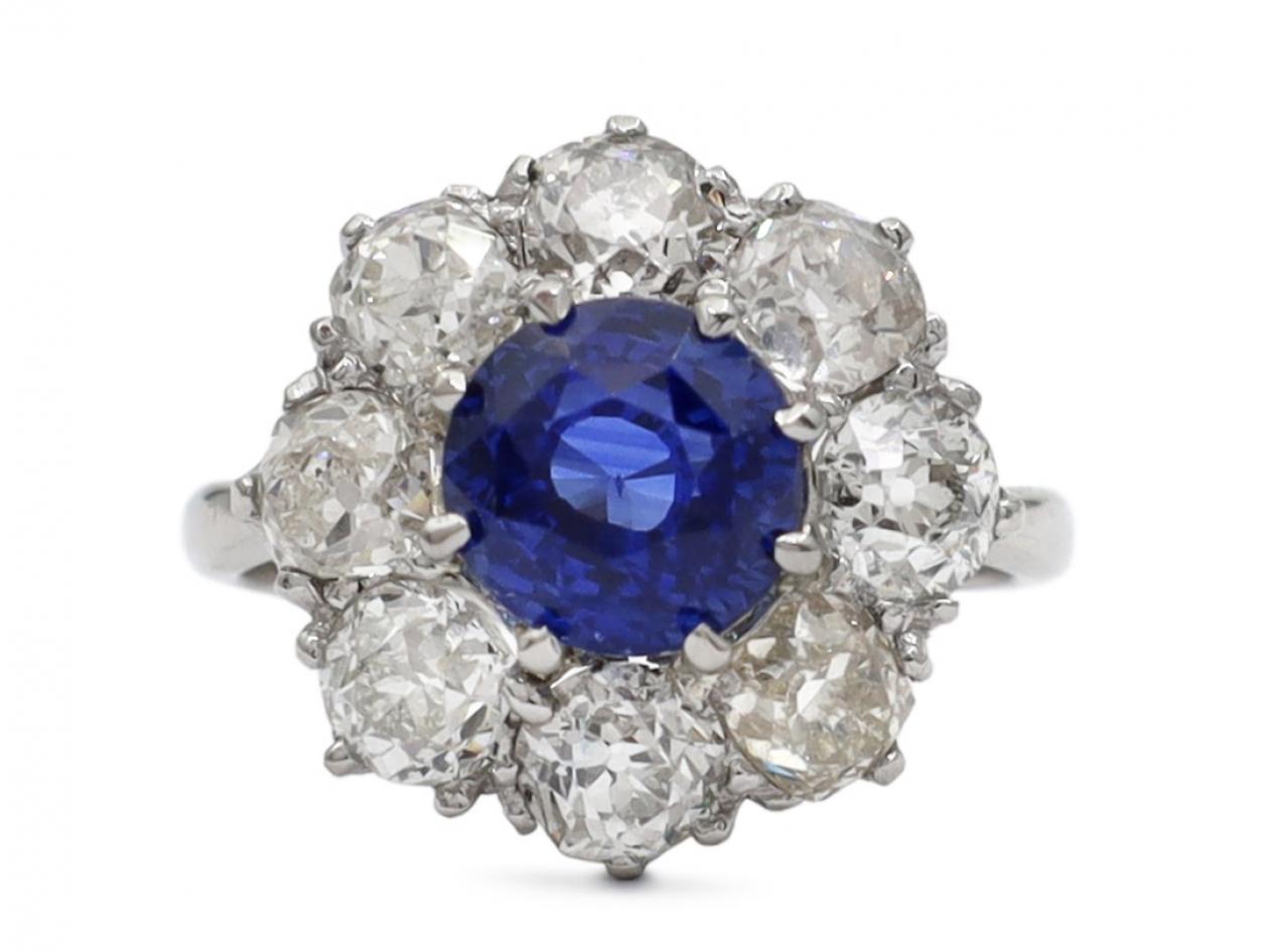 Vintage sapphire and diamond coronet cluster engagement ring