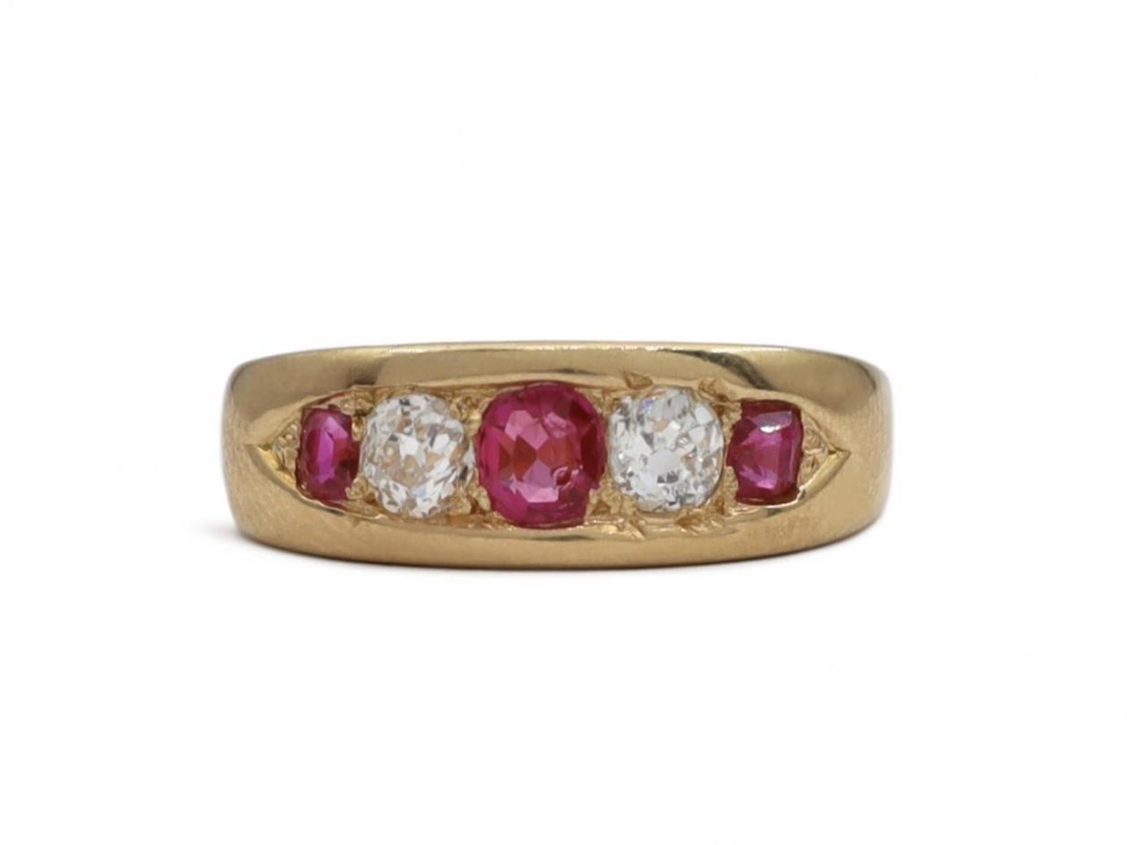 Antique pink sapphire and diamond five stone ring in gold