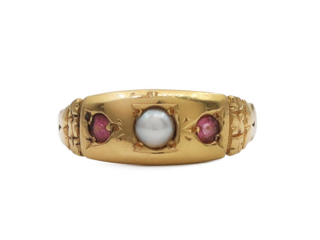 Victorian pearl and garnet three stone gypsy ring in 22kt gold