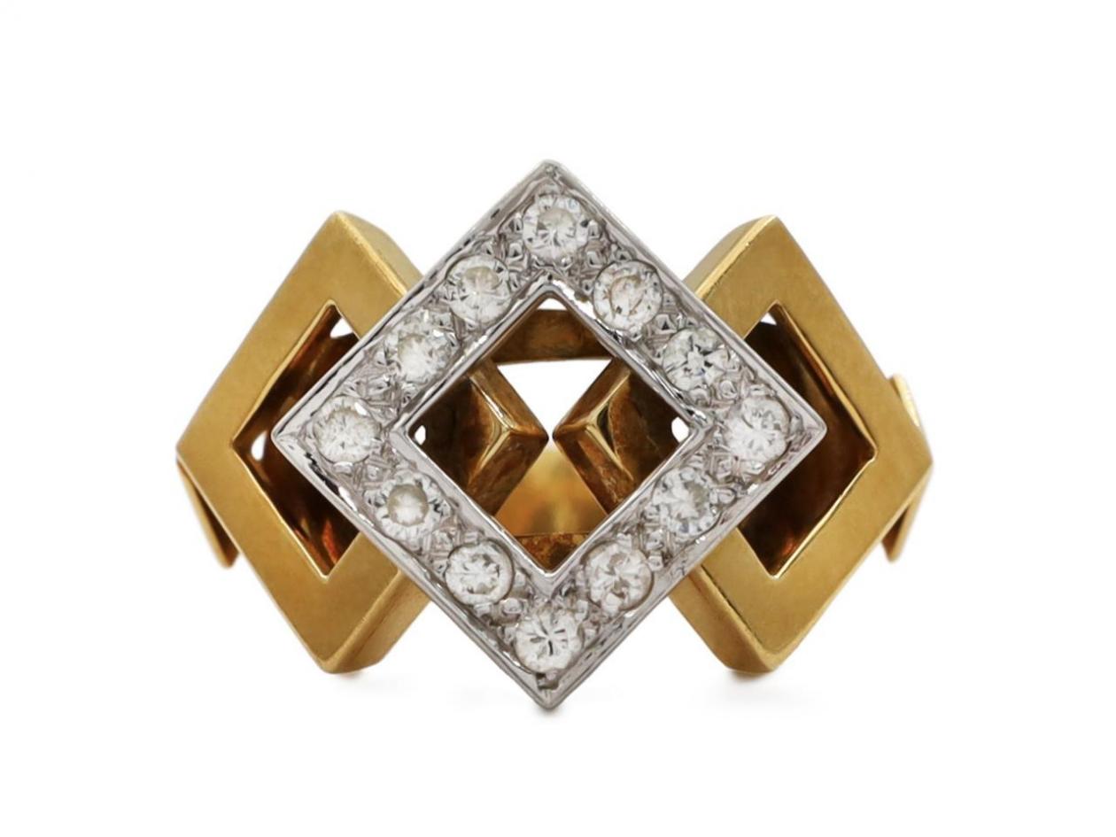1980s diamond and 18kt yellow gold cubist ring