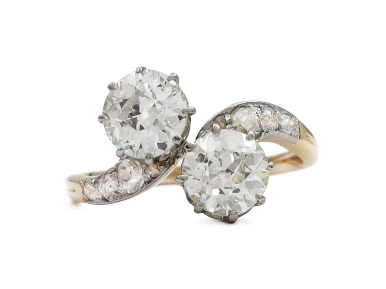 Edwardian diamond two stone twist engagement ring in gold