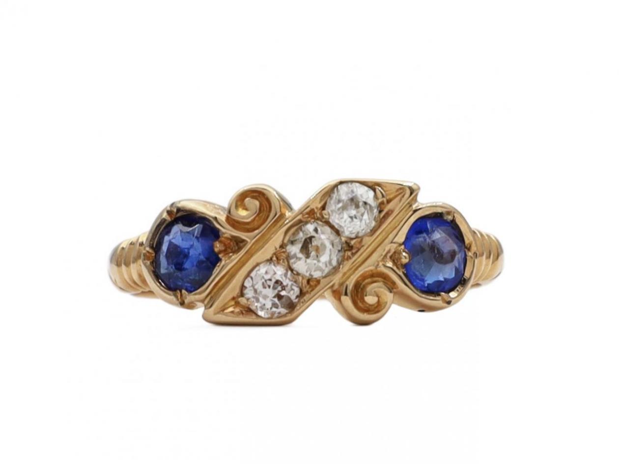 Victorian diamond and sapphire scroll ring in 18kt gold