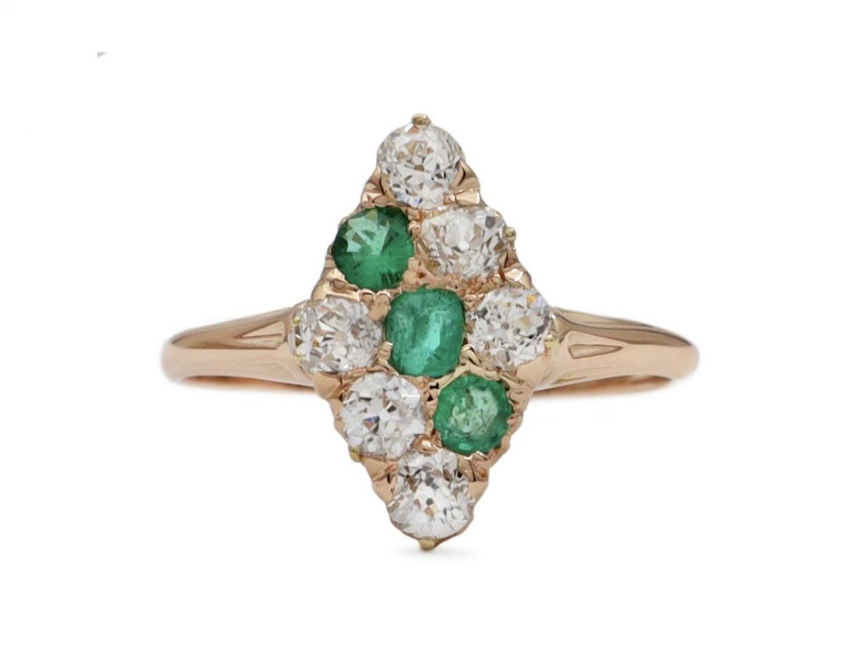 Victorian emerald and diamond angular marquise cluster ring